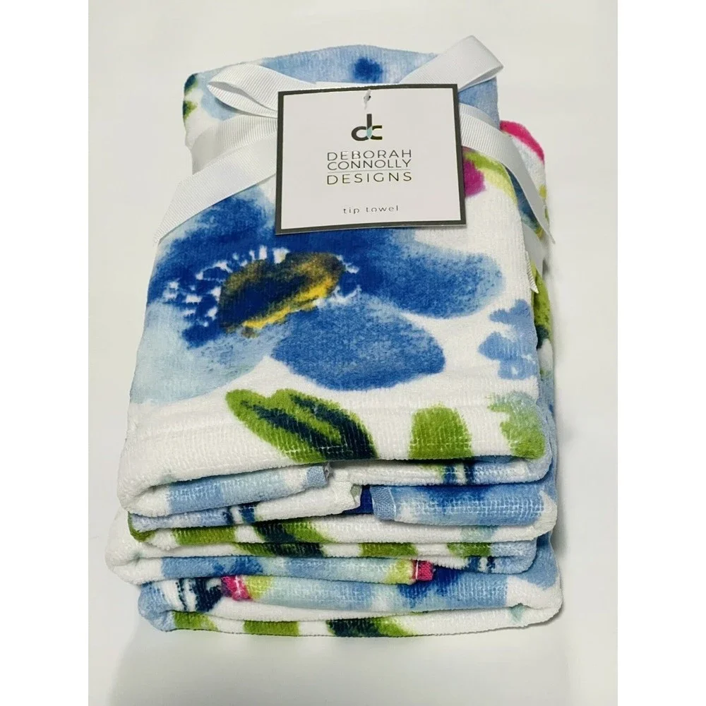 Deborah Connolly 4 PC SET BLUE PINK FLOWERS ON WHITE ,HAND & TIP TOWELS
